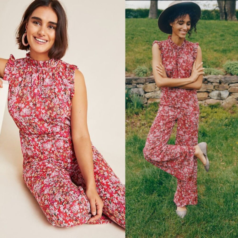 Anthropologie Ali & Jay Troubadour Red Floral Sleeveless Ruffle Jumpsuit